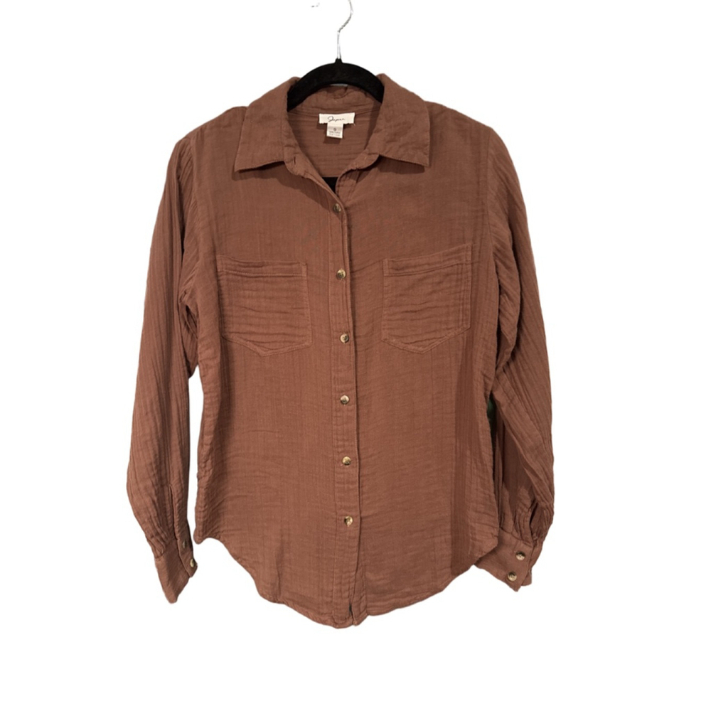 Japna Button-Down Shirt Brown Crinkled Cotton Long Sleeve Size S